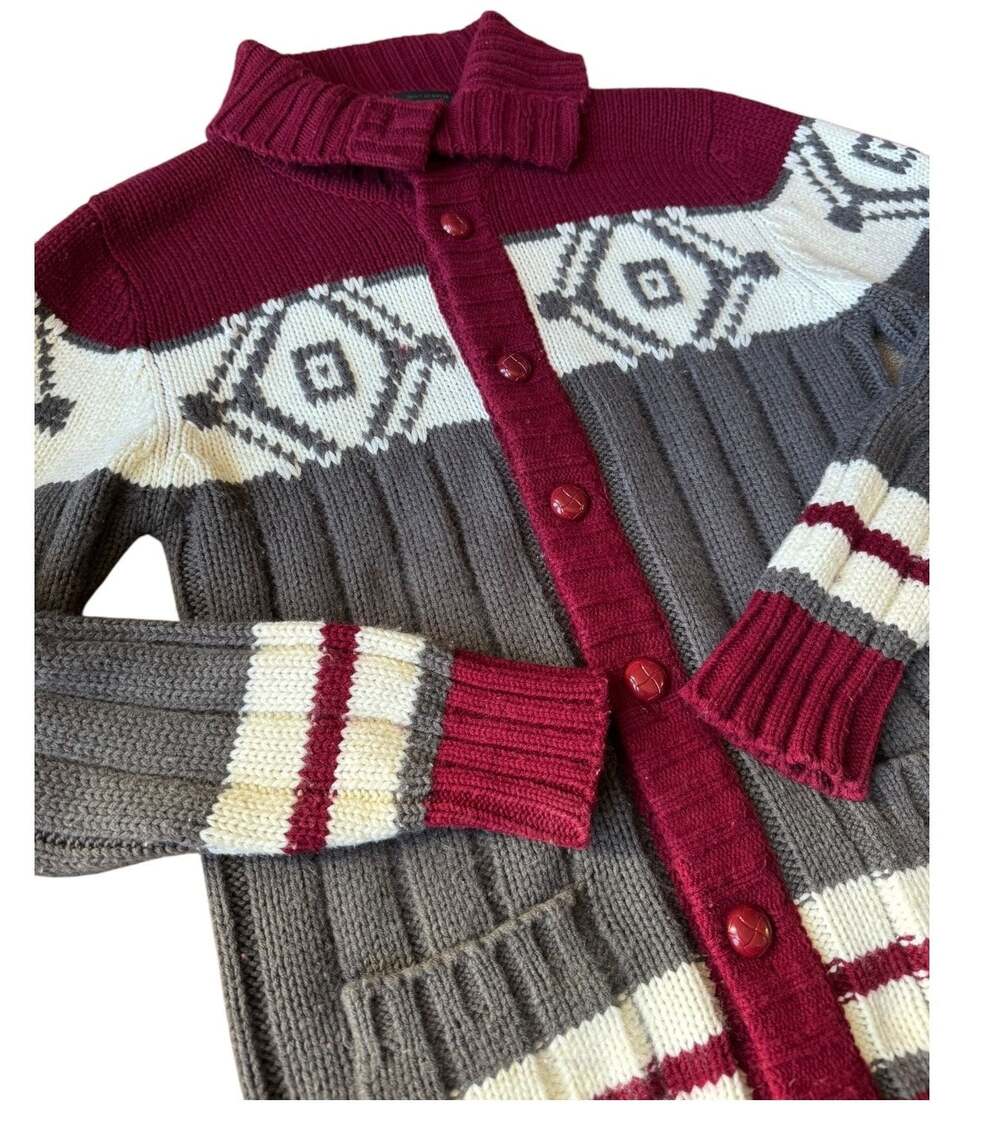 Vintage Retro Sigallo Knit Cardigan big collar, Gray, Maroon & Cream size medium